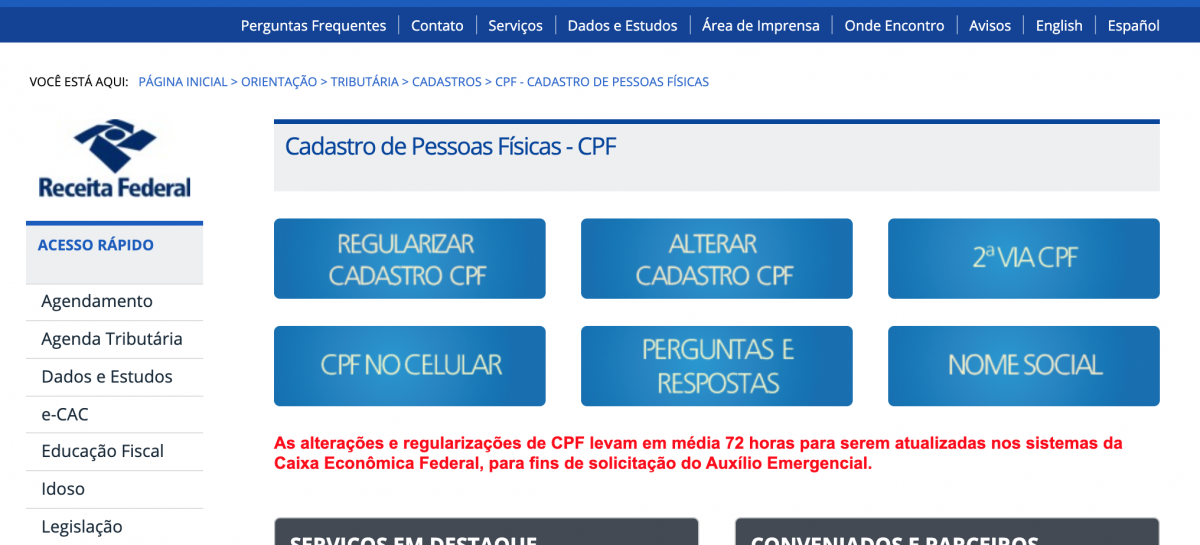 Regularização de CPF pode ser feita pelo site da Receita
